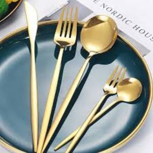 Juego de cubiertos de acero con espejo dorado, juego de cubiertos, 24 piezas, estilo clásico, sólido, inoxidable, para boda, sostenible, elegante - Product Image 1