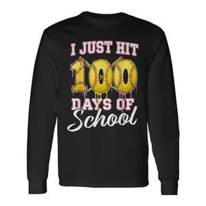 Maglietta a maniche lunghe per il 100° giorno di scuola, con motivo 'I Hit 100 Days of School', articolo promozionale a tema softball e goccia di gelato - Product Image 1
