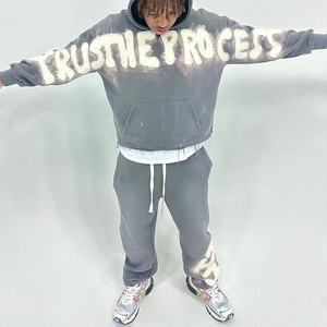 OEM Terry Embroidered Distressed Applique Logo Streetwear Vintage <b>Oversized</b> Two Piece <b>Jogger</b> Set Raw Hem Acid Wash Tracksuit Men - Product Image 1