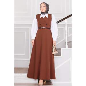 Hijab avec ceinture et boutons pour femmes, marron - Product Image 3