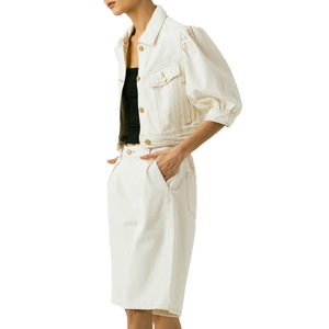 Chaqueta de mezclilla blanca acolchada para mujer con mangas abullonadas bordado de cuello levantado recortado personalizado para primavera invierno otoño - Product Image 6