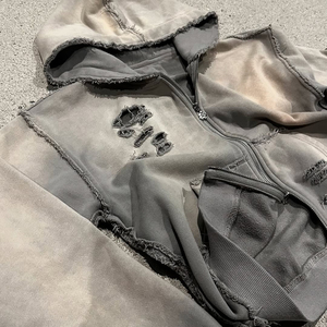 Sweat à capuche surdimensionné en éponge pour hommes, poids lourd 500gsm, délavé à l'acide, double fermeture à glissière, strass, vêtements de rue brodés en détresse - Product Image 2