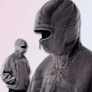 Sudadera con Capucha Corta Estilo Urbano, Personalizada, de Peso Pesado, Vintage, Lavada al Ácido, con Logotipo Serigrafiado, Diseño de Ninja Enmascarado y Cierre de Cremallera - Product Image 2