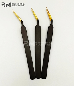 Pinzas para Pestañas RMI al por Mayor, Personalizadas con Logotipo en Color, de Acero Inoxidable con Punta de Fibra Dorada Resistente, Negras - Product Image 4