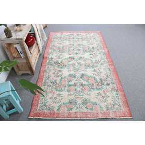 Vintage Rug, Area 5.8x6.7 ft Turkish Rug, <b>Red</b> Green Floral <b>Wool</b> Rug - Product Image 2