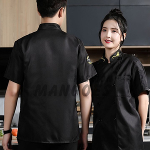 Veste de chef bleue à manches courtes de qualité supérieure, personnalisable, uniforme de restaurant pour hommes, design à double boutonnage, toile 100% - Product Image 4