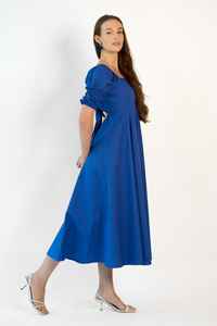 2025 precio más bajo Boho mujer Casual cuello cuadrado señoras Maxi vestido 100% algodón Midi-longitud azul natural mujeres vestido - Product Image 4