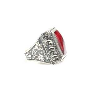 925 Sterling Silver Romantic Men's <b>Ring</b> with Red Pressed <b>Amber</b> Stone Bezel Setting Inlay and Engraving Fashionable Gift Idea - Product Image 3