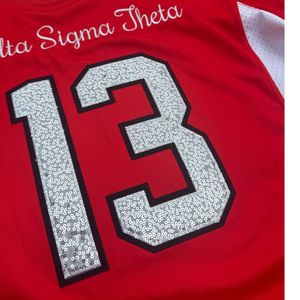 DST maglia da calcio rosso con finiture bianche con ricami di paillettes Glitter numeri 13 e 24 Delta confraternita greco Life abbigliamento donna - Product Image 5