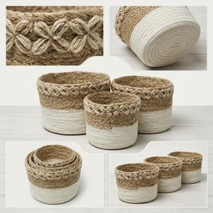 Natural Seagrass Recycled Plastic <b>Basket</b> Set White Base Flower Shell Rim Cylinder Pot Planter Pure Art Setup Room Decor Craft - Product Image 2