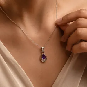 Colgante de Perla y Diamante con Forma de Pera de Amatista, Chapado en Oro Rosa, Hecho a Mano - Product Image 5