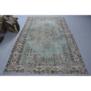 Alfombra turca Vintage de 5,4x8,6 pies, diseño de retales de lana verde y Beige, respaldo de látex para el hogar, sala de estar, estilo Rectangular-Tabriz - Product Image 1