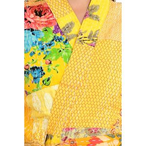Kantha-Stich 100% Cotton Reversible Long Kimono Handmade Knit <b>Cape</b> Unisex Gift Yellow for <b>Women</b> 1 Piece Textured Stand Collar - Product Image 2