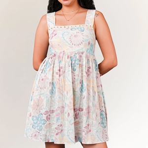 Women's Cotton Dobby Printed Mini Dress Elegant Casual Style Elastic Waist Hollow Decoration Knee-Length XS XL for Club ODM - Product Image 6