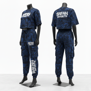 ชุดเซ็ตเสื้อครอปและกางเกงขายาวผ้าฟลีซคอตตอนโพลีเอสเตอร์เนื้อหนัก 280 GSM สีน้ำเงินกรมท่า สำหรับผู้หญิง พร้อมสกรีนโลโก้ตามสั่ง - Product Image 5