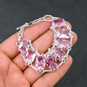 Pulsera de estilo cadena chapada en plata 925 hecha a mano, piedra preciosa kunzita Rosa creada en laboratorio, regalo de joyería fina de diseñador - Product Image 1