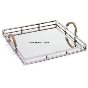 Bandeja Metálica Cuadrada con Acabado Plateado y Espejo, con Asas de Cuerda, Organizador para Perfumes, Cosméticos, Joyas y Revistas - Product Image 1