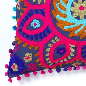 Handmade 16x16 Indian Floral Design Suzani Embroidery Washable <b>Pom</b> <b>Pom</b> Lace Throw Pillow Cover <b>Cushion</b> Decorative Pillows - Product Image 3