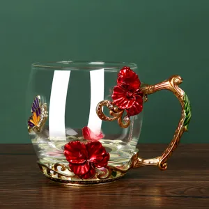 European Household Fashion Flower Cup Colorful Transparent Water Cup Large Capacity Heat-resistant Crystal Glass Teacups