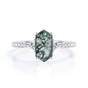 Anillo de compromiso de plata de ley 1,15 hexagonal de 925 quilates personalizado con ágata musgo y moissanita Trilogía clásica para bodas - Product Image 3