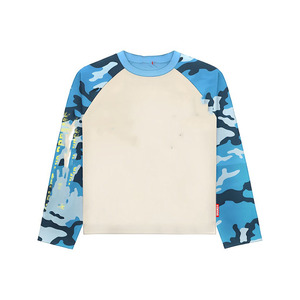 เสื้อยืดแขนยาวผ้าโพลีเอสเตอร์เนื้อนุ่ม 180 GSM ลายพรางสีน้ำเงินตัดต่อ แขนเสื้อแบบแร็กแลน พิมพ์โลโก้ตามสั่ง เสื้อยืดผ้าฝ้าย 100% สำหรับผู้ชาย - Product Image 1