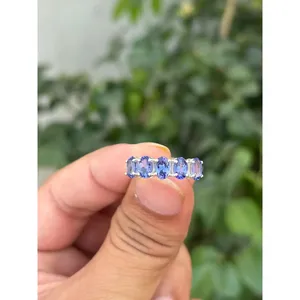<b>925</b> <b>Silver</b> Tanzanite Eternity <b>Ring</b> Rhodium Plated <b>with</b> Geometric Pattern Oval Cut Diopside Gemstone for Engagement or Gift - Product Image 1
