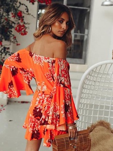 off the Shoulder Floral Print Chiffon Plus Size Women <b>Summer</b> Bohemian Loose Mini Casual <b>Dress</b> with Slash Neck - Product Image 3