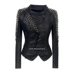 Punk Metal Studded Biker Black Leather Jacket Women's Silver Studded Long Sleeves Genuine Leather Fashion Jacket