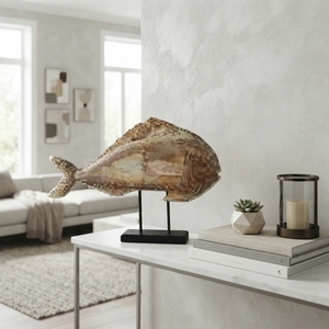 Escultura artesanal de pez kerapu en madera, estatua rústica de pargo tallada en teca con base de metal, decoración para mesa. - Product Image 2