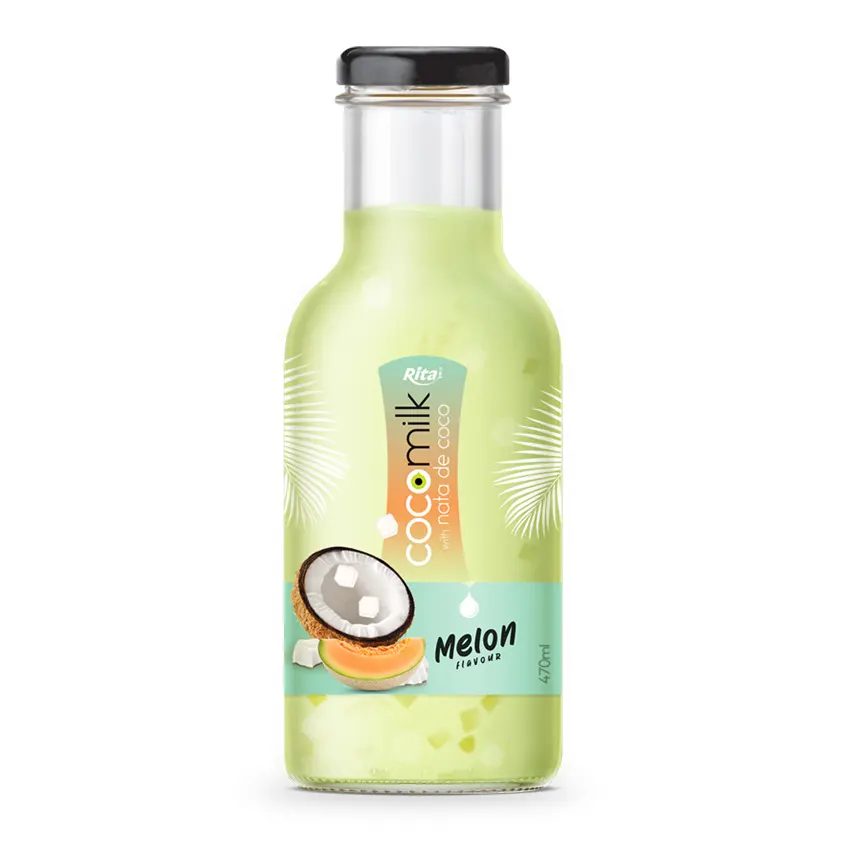 Coconut Milk with Melon Flavor with Nata De Coco in 470ml Glass Bottle from Vitetnam Free Sample Good For Skin And Hair