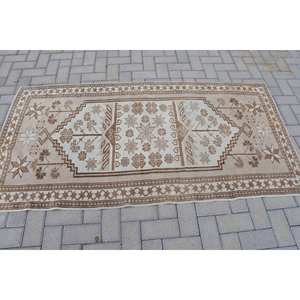 Alfombra de lana Vintage hecha a mano, área grande, 3,2x6,5 pies, diseño de retazos marrón Beige para sala de estar, dormitorio, forma de pasillo rectangular, látex - Product Image 3