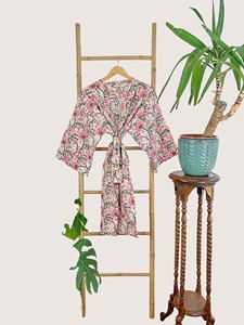 Bata con estampado floral para mujer, cuello en V, manga tres cuartos, largo hasta la rodilla, 100% algodón, suave, informal, para primavera, con cierre de cordón - Product Image 5