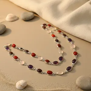 Collar de Plata 925 con Piedras Preciosas Coloridas para Mujer, Estilo Religioso, con Zafiro, Turquesa, Coral, Concha, Ágata, Cuarzo, Regalo Perfecto - Product Image 1