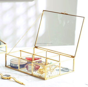 Golden Vintage Glass Box Clear Glass & Brass Metal Storage Jewelry and Cosmetic Makeup Lipstick Holder Organizer Beauty Display