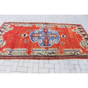 Alfombra Turca Vintage, Alfombra de 4.4x8.9 pies, Alfombra Floral Roja y Azul - Product Image 3