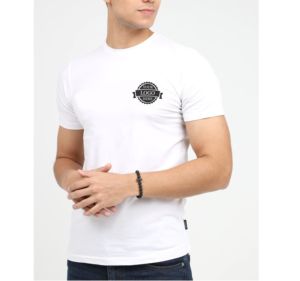 เสื้อยืดคอกว้างสีดำแขนสั้นสำหรับผู้ชาย ผ้าคอตตอนเจอร์ซีย์สีพื้น ทรงลำลอง พิมพ์ลายโลโก้ด้านหน้าด้วยเทคนิคฮีททรานเฟอร์ ระบายอากาศได้ดี ผ้าถัก - Product Image 2