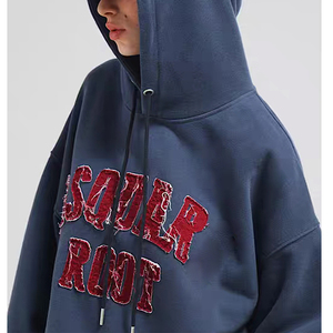 High Quality Oem Heavyweight Long Sleeve Rib <b>Pullover</b> Plus Size Embroidery Patched Cotton Fleece <b>Man</b> Hoodie - Product Image 3