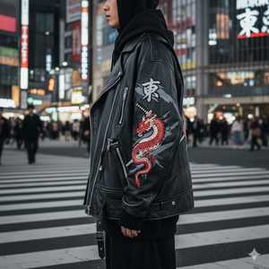 เสื้อแจ็คเก็ตหนังสีดำปักลายมังกรสีแดงที่แขนเสื้อ - Product Image 3