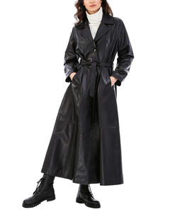 Trench-coat noir ceinturé en cuir à capuche longueur des hanches pour femmes Trench-coat en cuir de mouton de qualité supérieure - Product Image 5