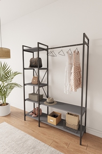 Organizador de armario con perchero y estantes de almacenamiento, perchero con estantes y estructura metálica, perchero para armario. - Product Image 2