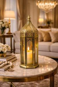 <b>Gold</b> Finish Metal Moroccan <b>Lantern</b> with Glass Panels Intricate Cutwork Warm Candle Glow for Festive Home Decor and Gifting - Product Image 3
