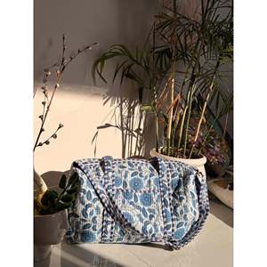 Indian <b>Patchworked</b> Floral Quilted Duffle <b>Bag</b> Casual Cotton Leather Zipper Closure for Fitness Gym Travel Printed Logo 2 XL Sizes - Product Image 1