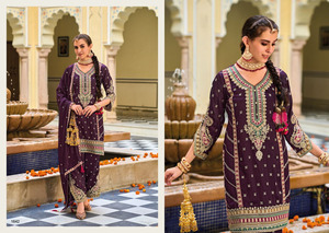 New Latest Wholesale Dhwaja Export Premium Silk Embroidery Work Women's India Pakistan Style Complete Set Kurti Plazzo Duppatta - Product Image 3