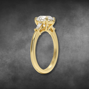 Anillo de diamantes cultivados en laboratorio, oro amarillo de 14 quilates y 18 quilates, corte redondo, anillo de tres piedras con diamantes baguette cónicos para damas, joyería fina. - Product Image 2