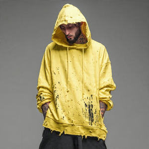 Oversized Distressed Embroidered Fleece Hoodie for <b>Men</b> Winter Baggy Pullover Windproof Eco-Friendly - Product Image 1