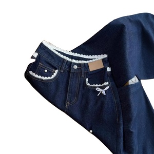 Pantalones Vaqueros de Cintura Alta para Mujer, Corte Recto, Bolsillos con Cordones, Detalle de Lazo, Mezclilla Transpirable, Estilo Casual - Product Image 3