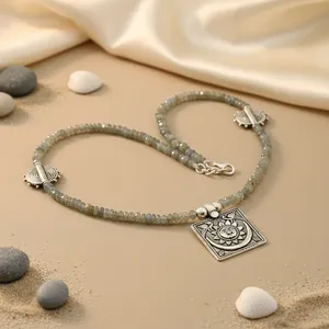 Art Palace 925 Silver Beaded Pendant <b>Necklace</b> Natural Stone Geometric Religious Style Everyday Wear Unisex Jewelry Rajasthan - Product Image 3