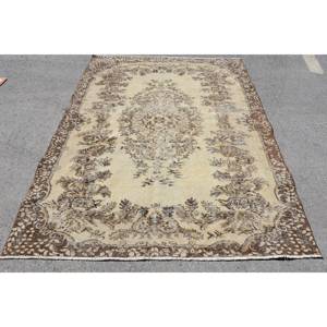 Handmade Vintage <b>Wool</b> Rug 5.5 X 7.4 ft Beige <b>Brown</b> Boho Rectangular Patchwork Design for Entryway Bed Hallway 5mm Plush Latex - Product Image 1