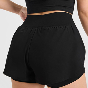 Pantalones cortos negros 2 en 1 para correr con logotipo personalizado para mujer, pantalones cortos elásticos de cintura alta y doble capa para mujer, pantalones cortos de gimnasio - Product Image 5