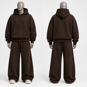 Conjunto de Sudadera con Capucha y Pantalones Deportivos Color Marrón Chocolate, Felpa, Corte Holgado Informal, Unisex, para Todas las Temporadas, Diseño de Color Sólido con Bolsillos - Product Image 2